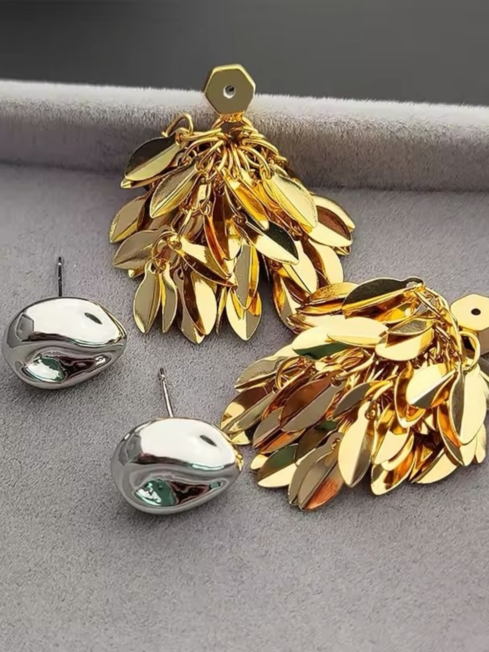Gold and Silver Leaf Cluster Drop Earrings - Picture 3 of 11